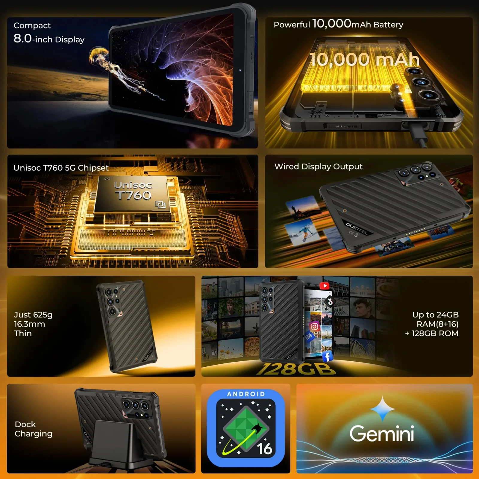 OUKITEL RT11 5G Rugged Tablet 8" Display 10000mAh Battery 16MP AI Camera Android 16(8GB+128GB)