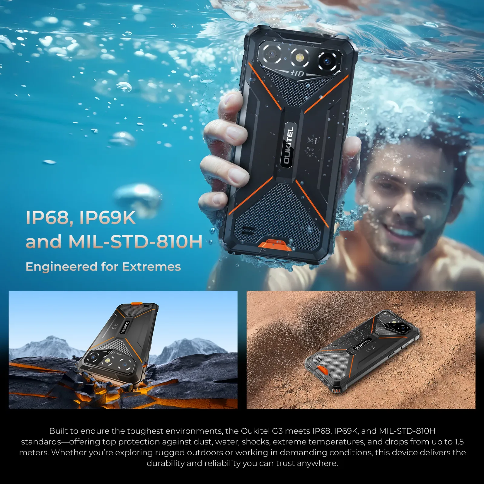 OUKITEL G3-EV Rugged Phone 6'' HD+ Display 6300mAh Big Battery 13MP Camera Android 14(4GB+128GB)