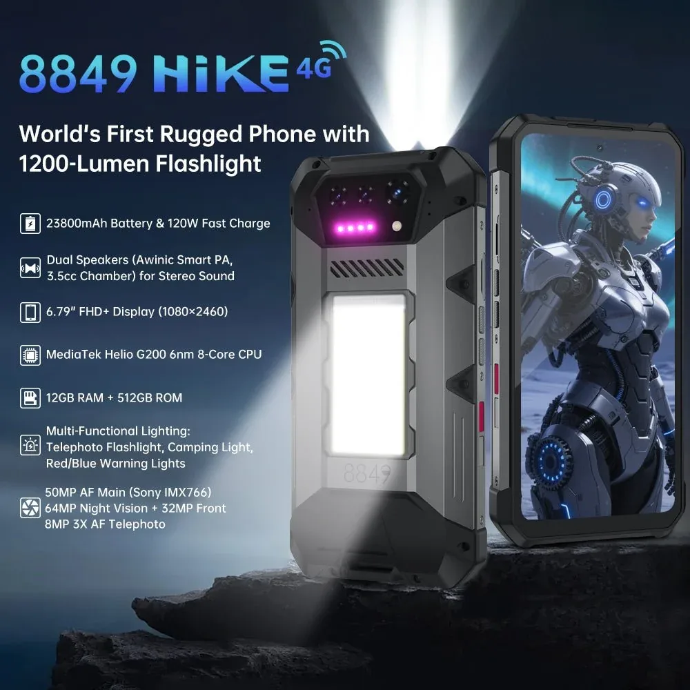 8849 Hike - 4G Rugged Phone with 1200-Lumen 200 meter Flashlight & 23,800mAh Battery
