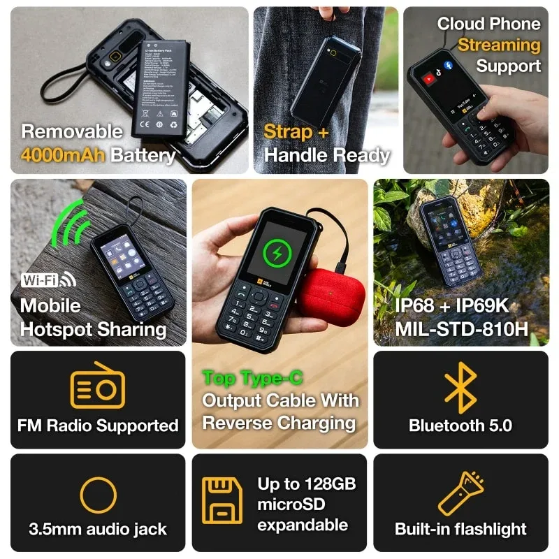 AGM M11｜Rugged Power Bank Phone｜Wired Reverse Charging｜4G LTE｜4000mAh Battery｜WiFi Hotspot｜FM Radio｜3.5mm Jack｜IP68&IP69K | WaterProof