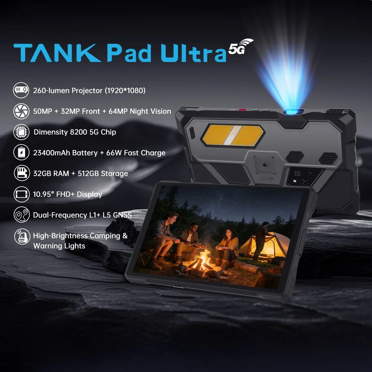 TANK Pad Ultra - World's 1st 5G Rugged Tablet with 260-lumen 1080P Projector