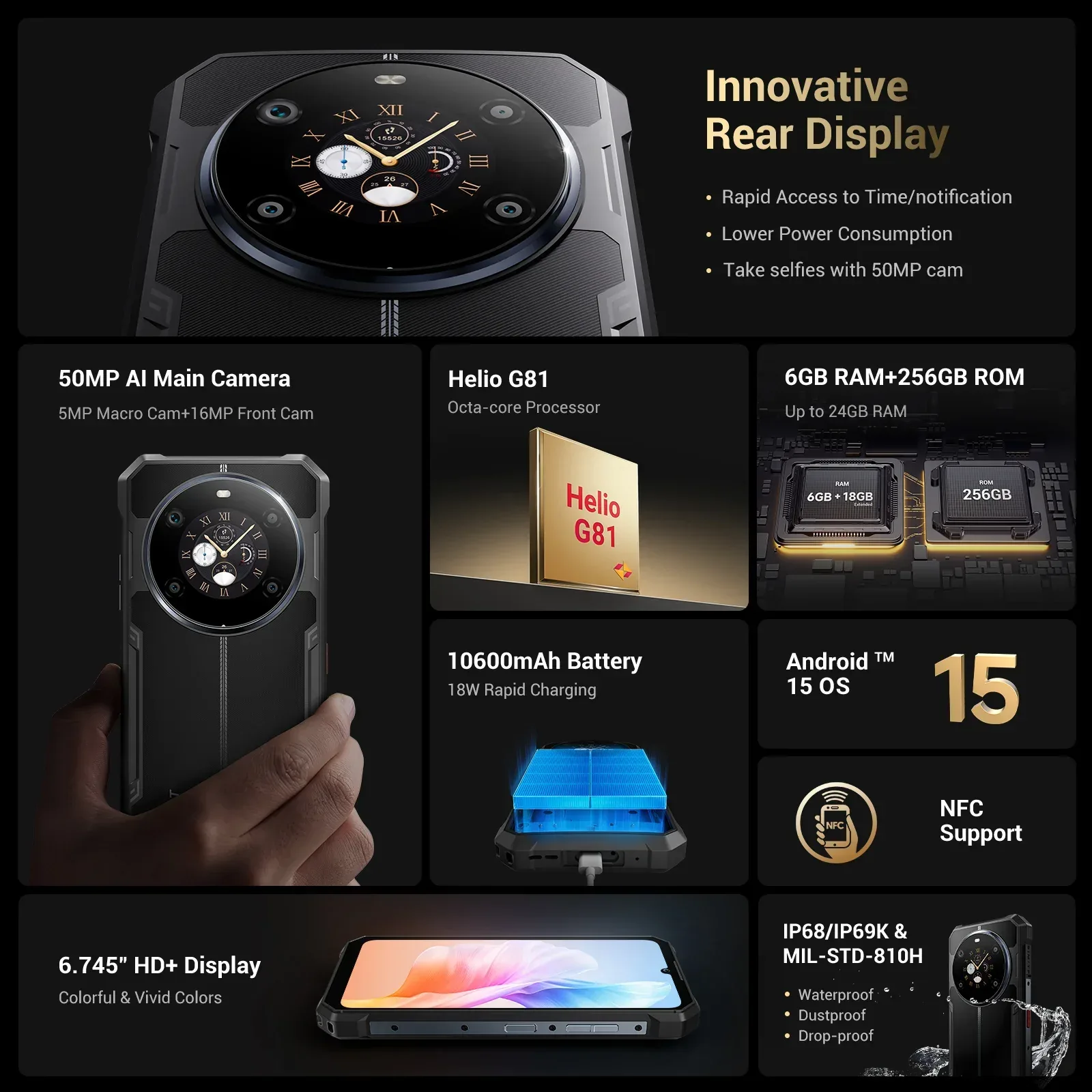 FOSSiBOT F109S 4G 24GB+256GB 6.745-Inch Main & 1.32-inch Innovative & Multifunction Rear Display 10600mAh NFC Rugged Phone