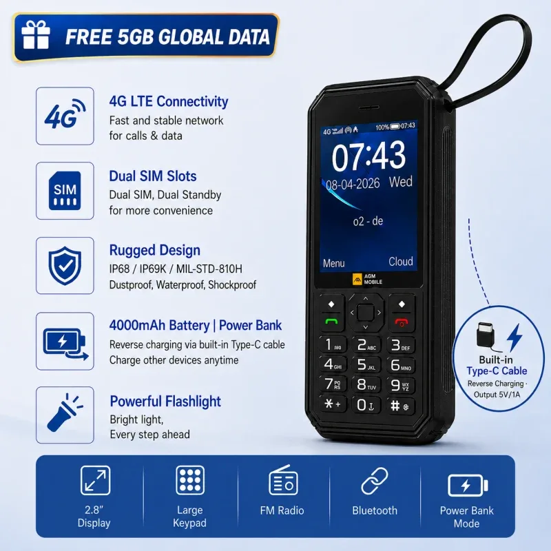 AGM M11 | 4G Hotspot Phone｜Portable WiFi Hotspot｜4000mAh Battery｜IP68/IP69K Waterproof｜Wired Reverse Charging｜FM Radio｜3.5mm Jack