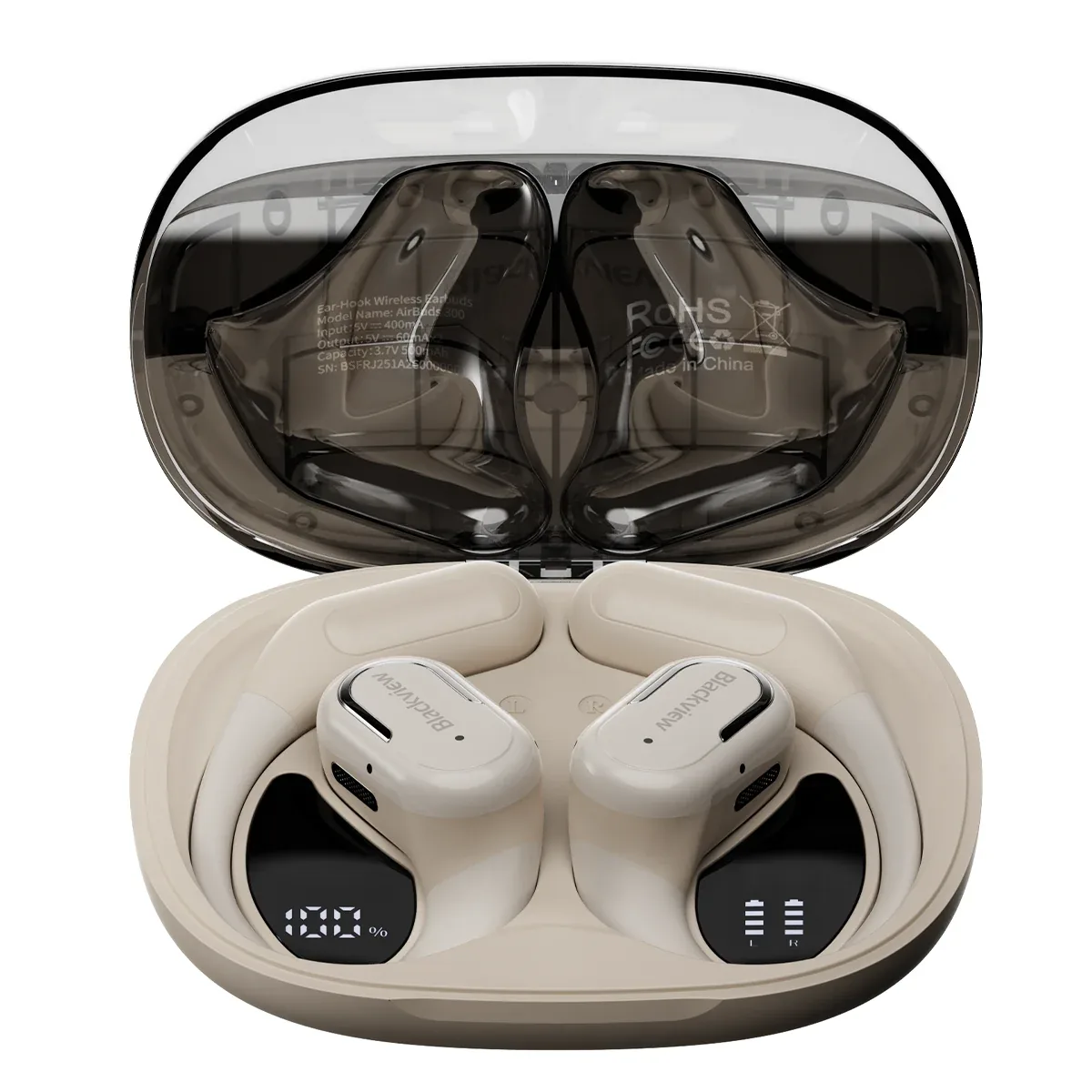Blackview AirBuds 300 IPX5 Waterproof Smart Digital Power Display ENC Noise Cancellation Microphone Bluetooth 6.0 Open-ear OWS Earbuds
