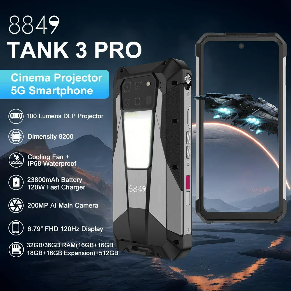TANK 3 Pro - 5G Rugged Smartphone with DLP Projector, 200MP Camera, 23,800mAh Battery, Night Vision