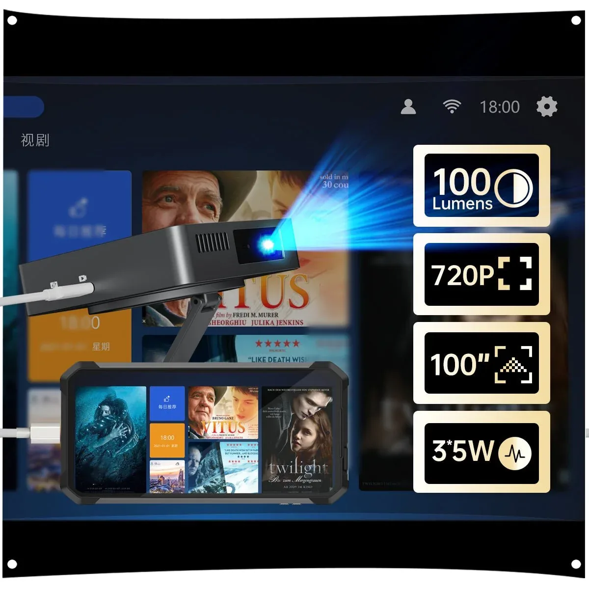 8849 Mars - USB Mini Projector, 720p HD, 100 Lumen, Plug & Play, No Battery, Portable