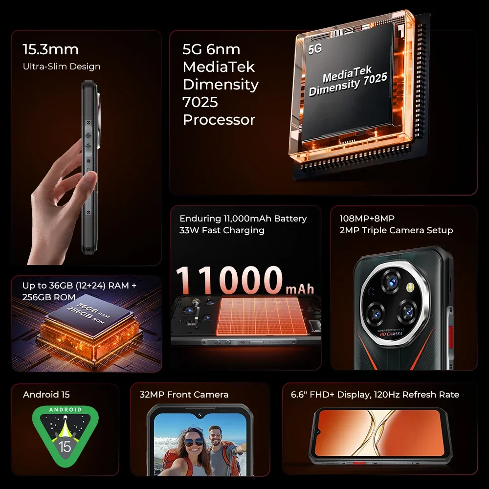 Oukitel WP55 5G Rugged Phone 6.6'' HD+ Display 11000mAh Big Battery 108MP Camera Android 15(12GB+256GB NFC)