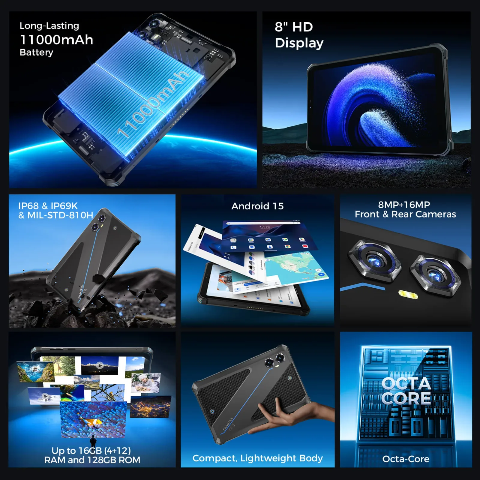 Oukitel RT3 Plus 4G RuggedTablet 8-inch 11000mAh Big Battery 16MP Camera Android 15 (6GB+128GB NFC)