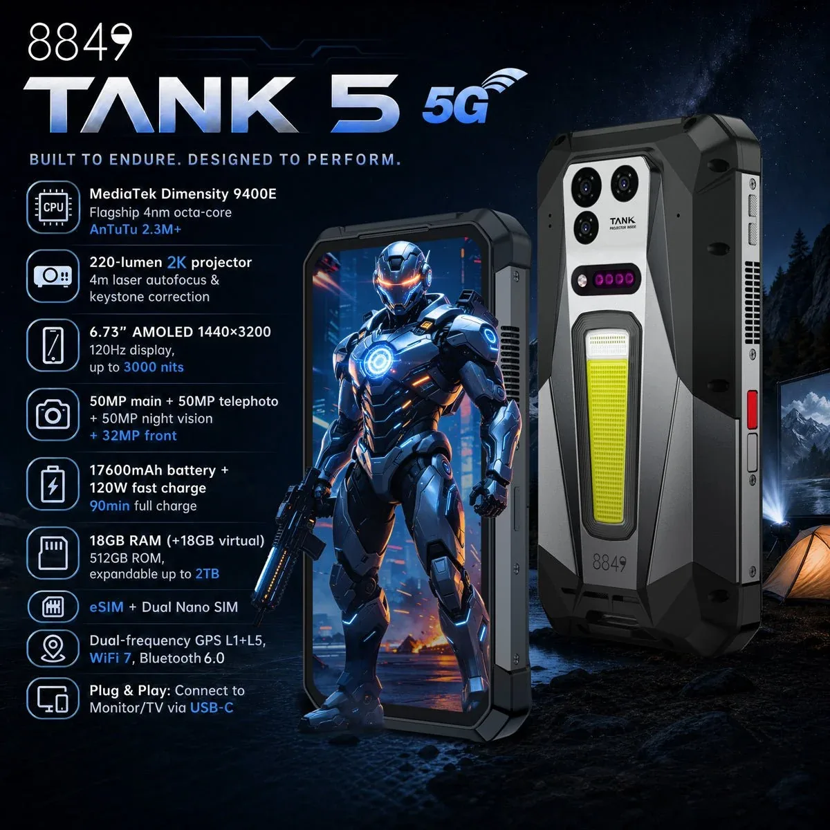 TANK 5 Rugged Smartphone - World’s First 2K Projector, 9400e Chip, 3K Display, 17600mAh Battery & eSIM